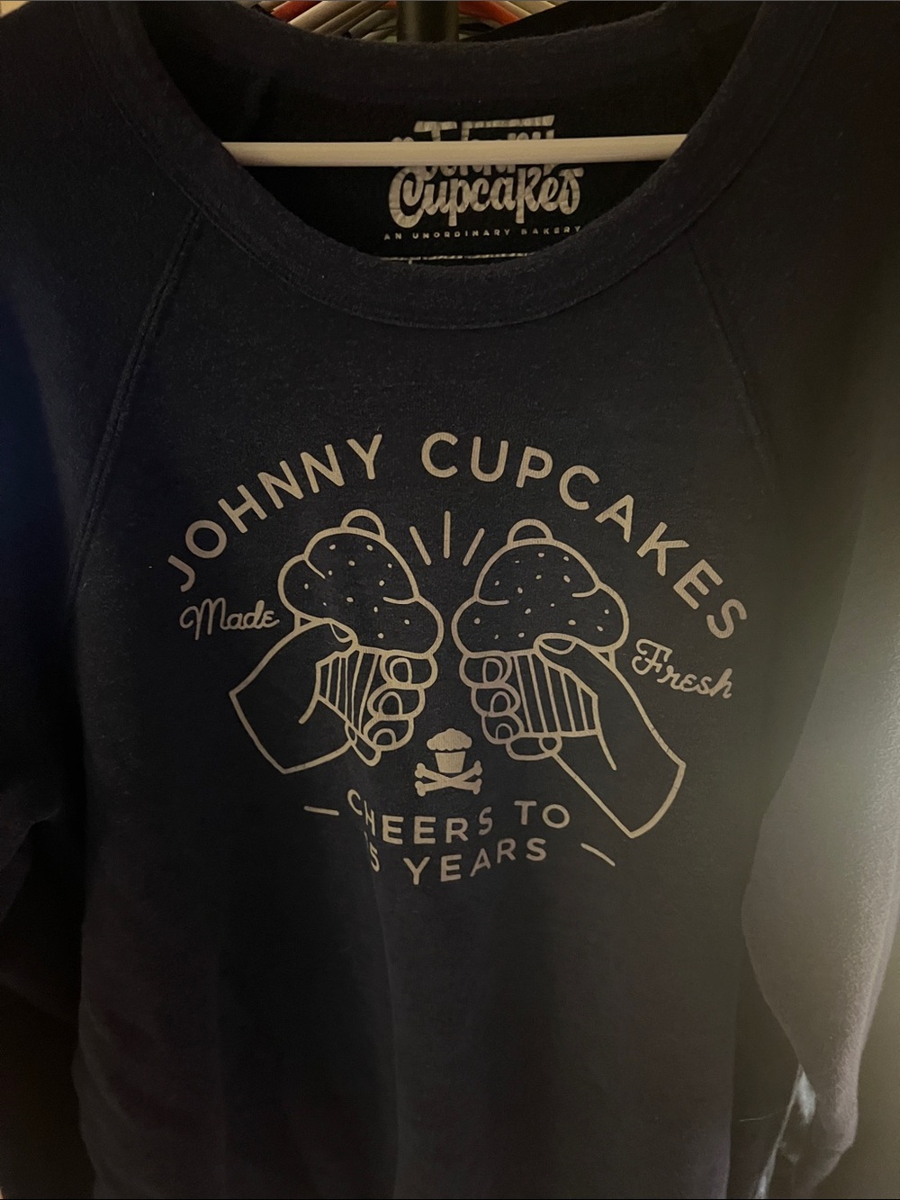 Johnny Cupcakes Navy Sweatshirt with White Bakery Graphic
